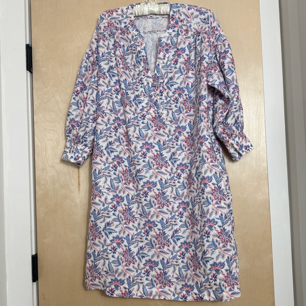 J.McLaughlin Nylee Dress Womens Medium Linen Blue Pink Floral Shift Split Neck - Picture 2 of 10